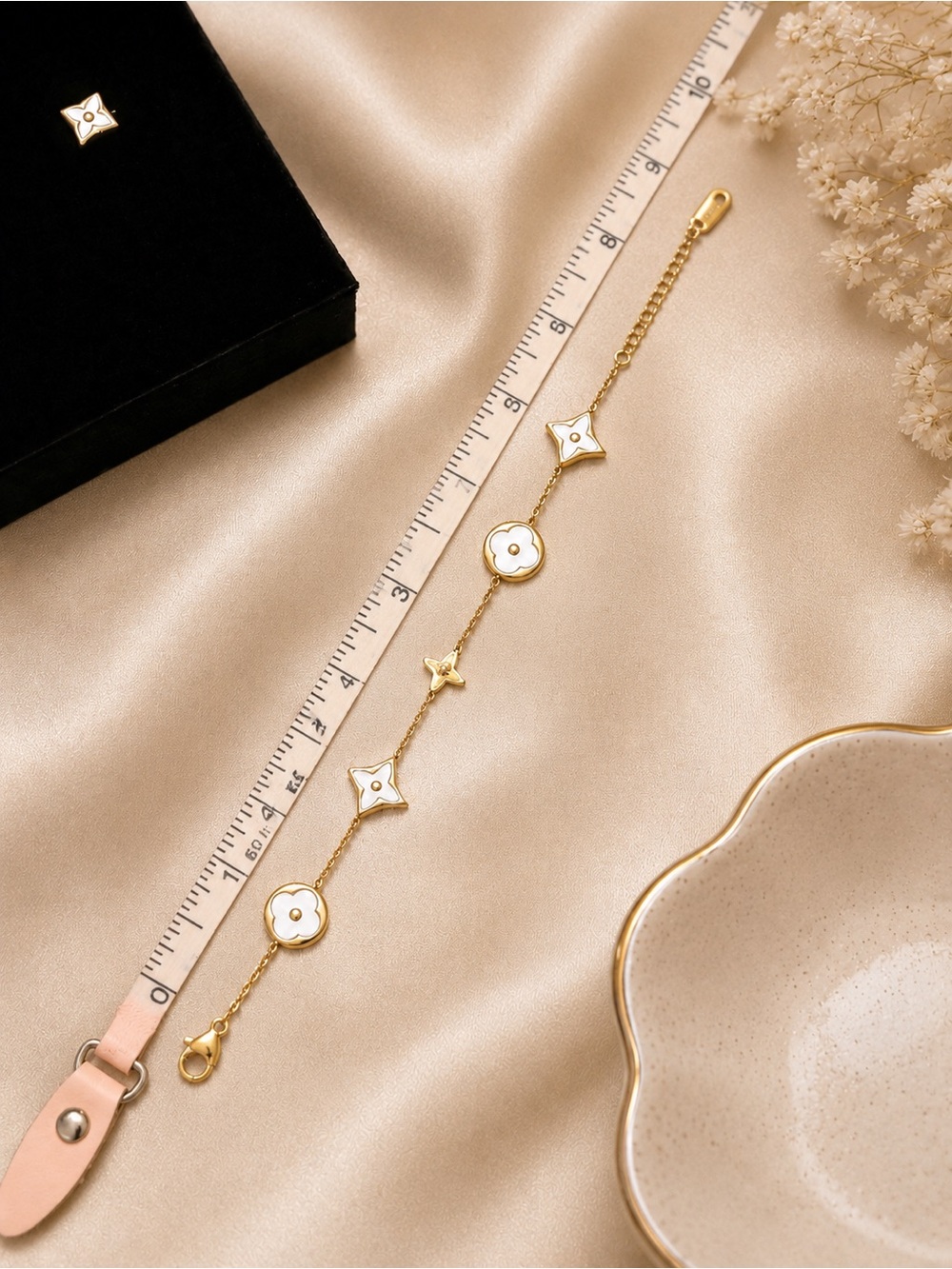 Gold and White Floral Motif Bracelet with Matching Stud Earrings - Picture 5 of 6